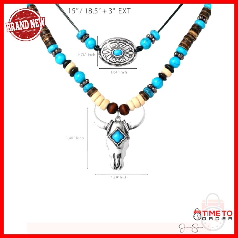Layered Turquoise Beaded Necklace with Bull Skull Pendant Adjustable - Picture 4 of 6